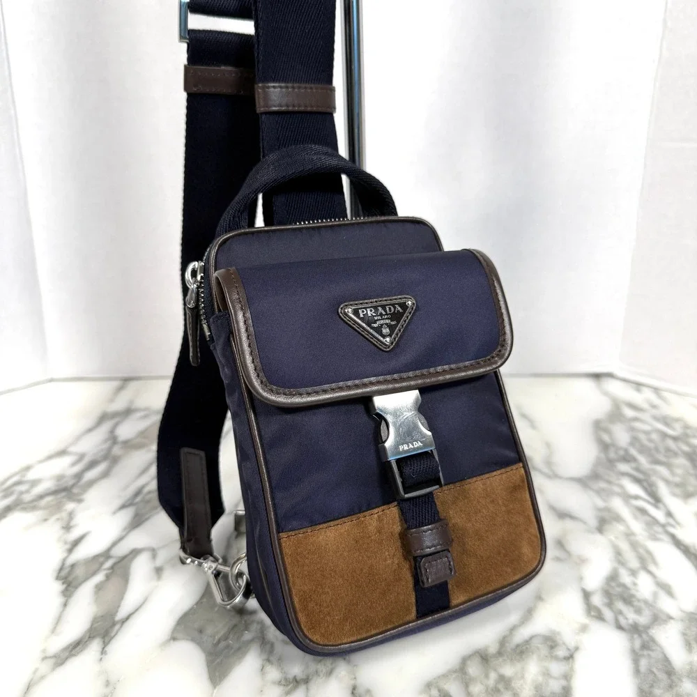 Prada Re-Nylon Leather Smartphone Case Shoulder Bag 2ZH194 Blu Caffe Navy Brown